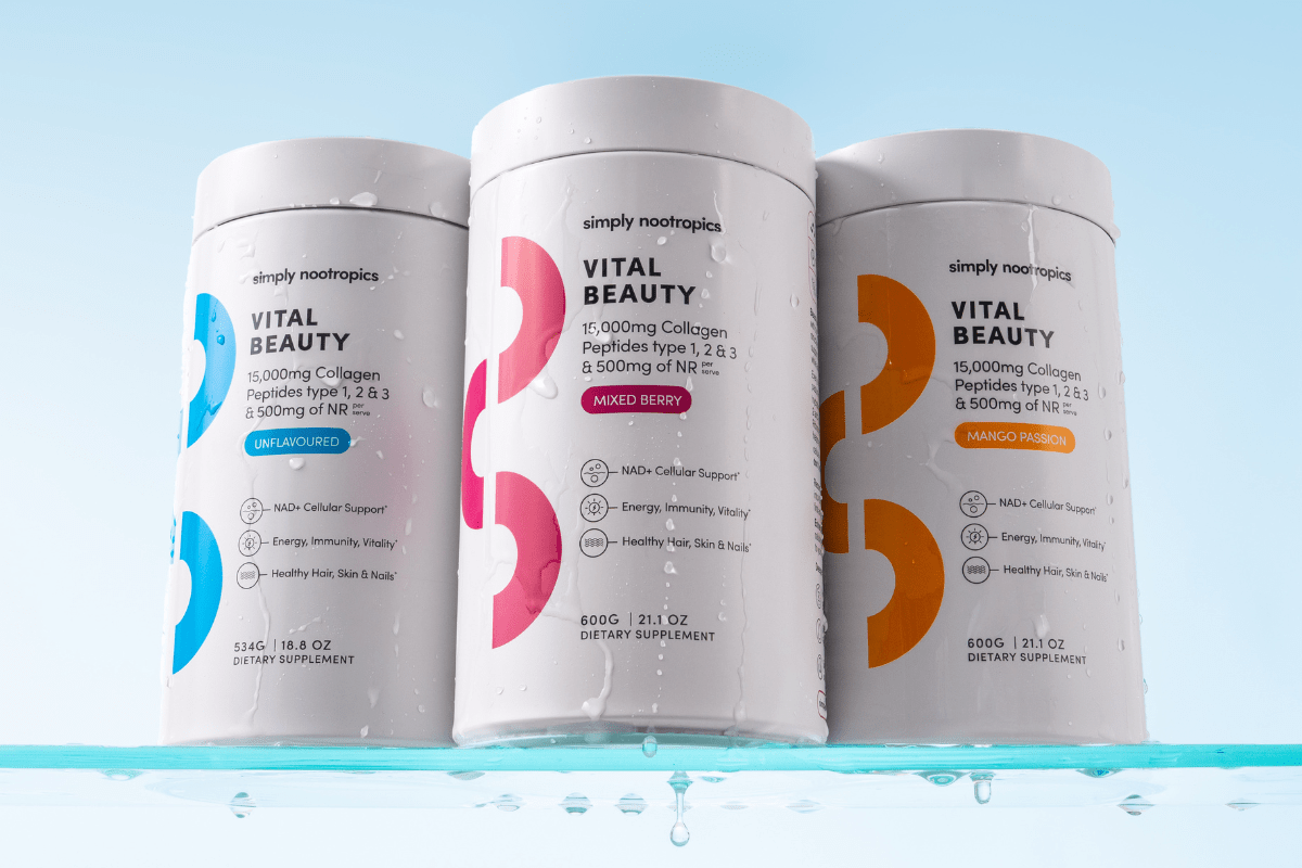 Three tubs of Simply Nootropics Vital Beauty collagen peptides in different flavours.