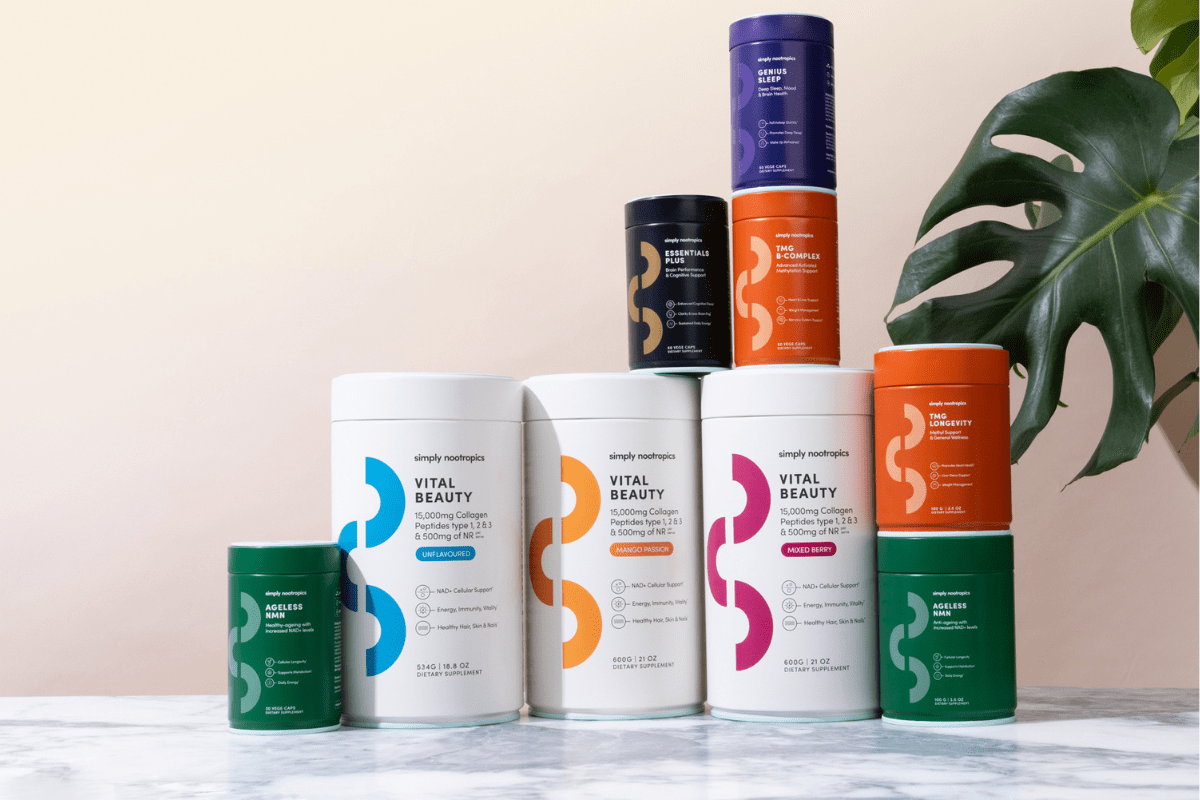 Simply Nootropics supplement range displayed on a marble surface.
