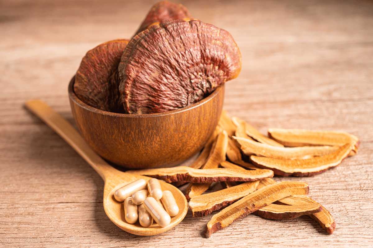 Dried reishi mushrooms with reishi supplement capsules.