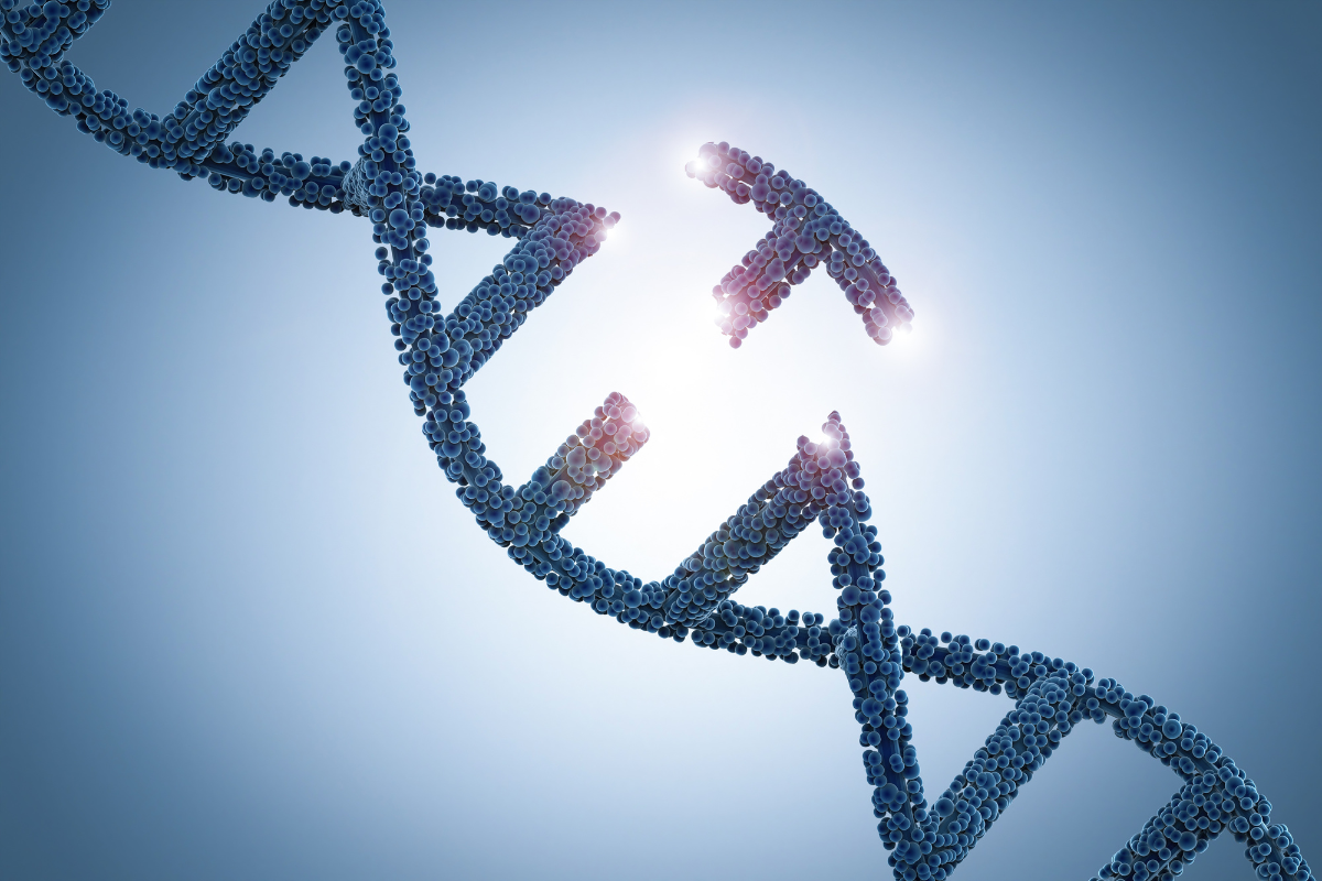 A broken DNA strand with a missing piece being illuminated and reconnected.