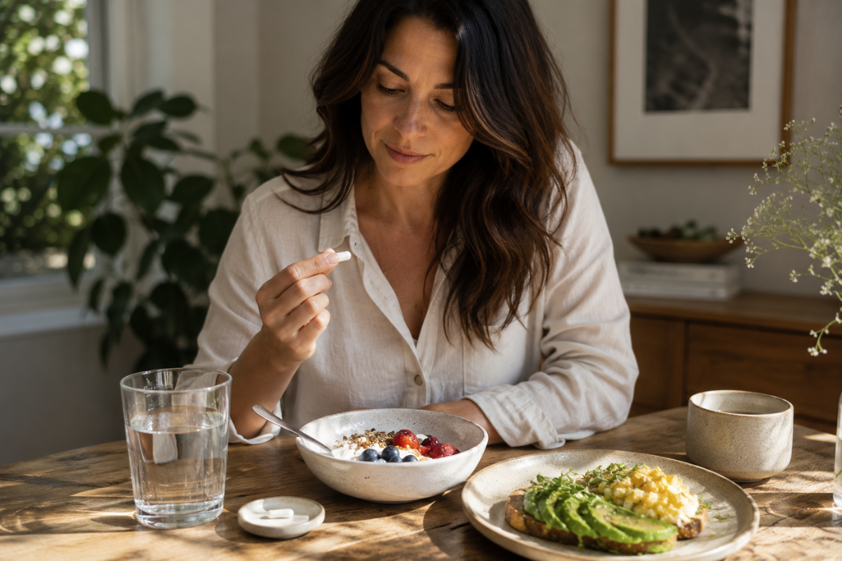 Woman holding a supplement at a healthy breakfast table.