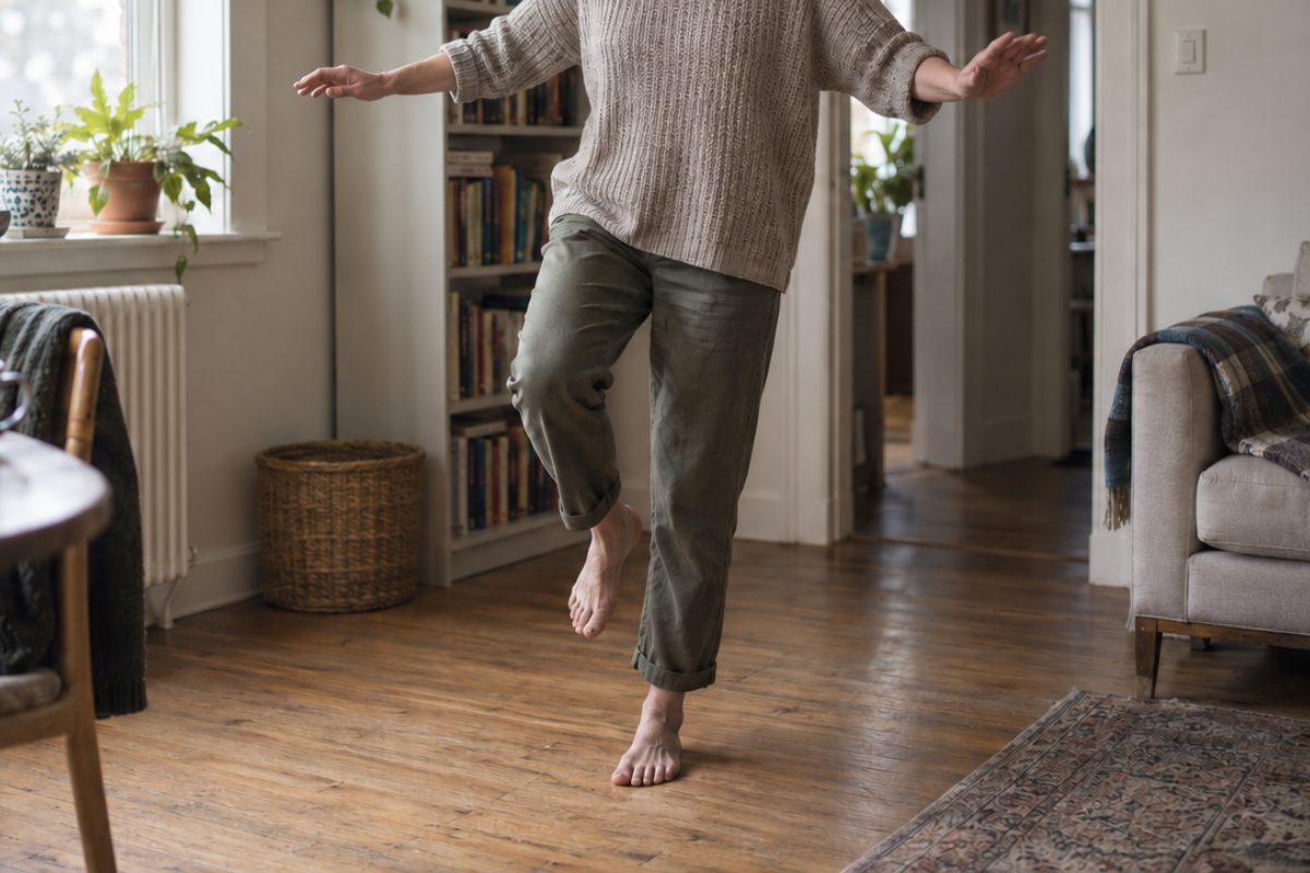 Woman practising balance on one leg at home.