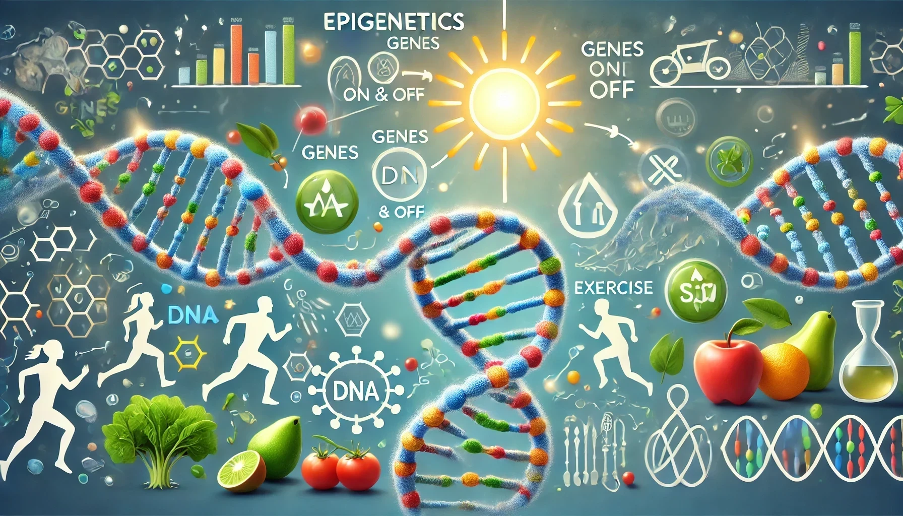 DNA strand with molecular switches representing epigenetics, healthy lifestyle symbols.