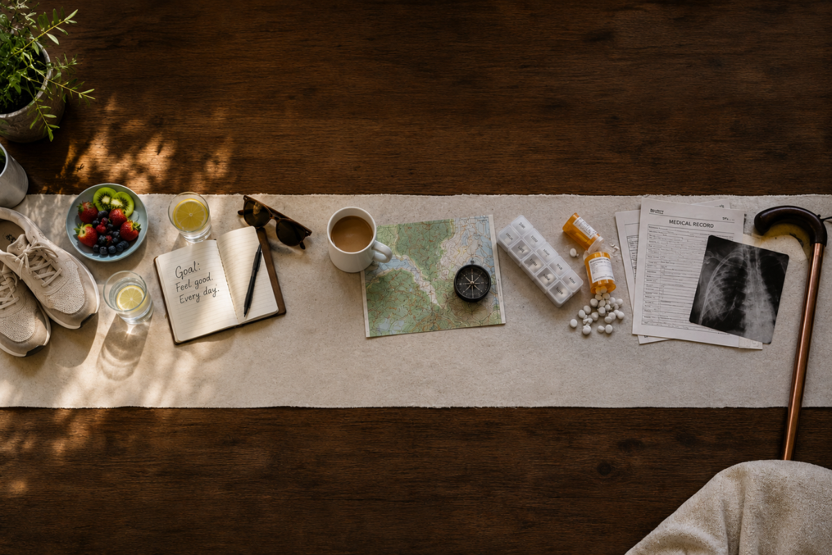 Overhead flat lay showing healthy lifestyle items transitioning into medical items.