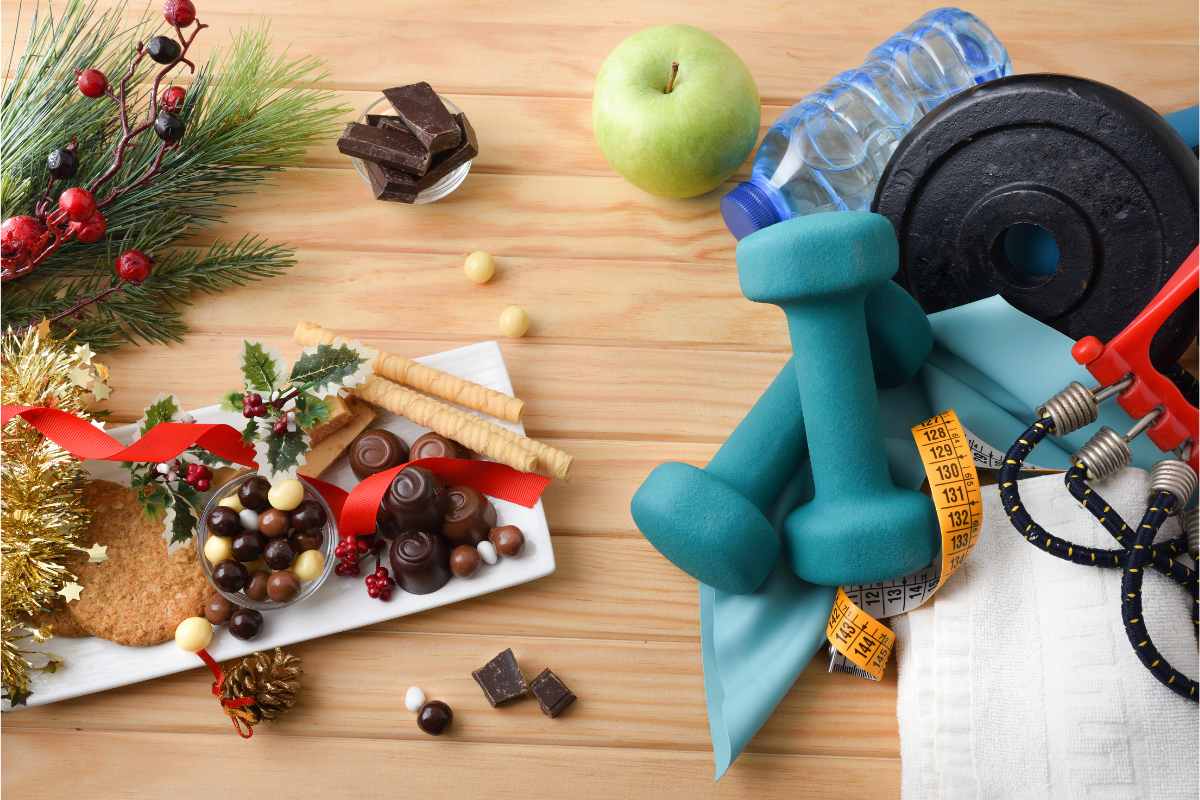 Holiday treats on one side and fitness gear with fruit and water on the other.