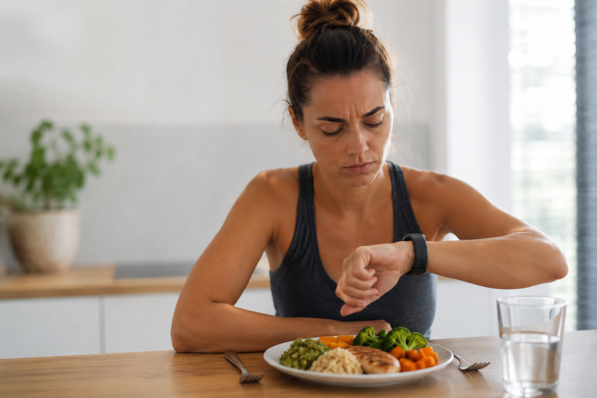 Woman checking smartwatch while waiting to eat a healthy meal.