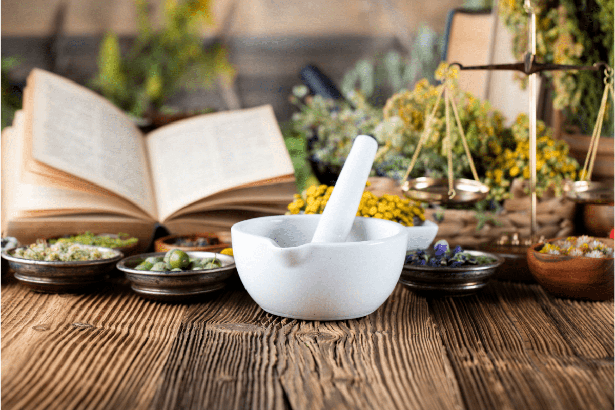 Mortar and pestle with herbs and an open book, symbolising traditional herbal medicine.