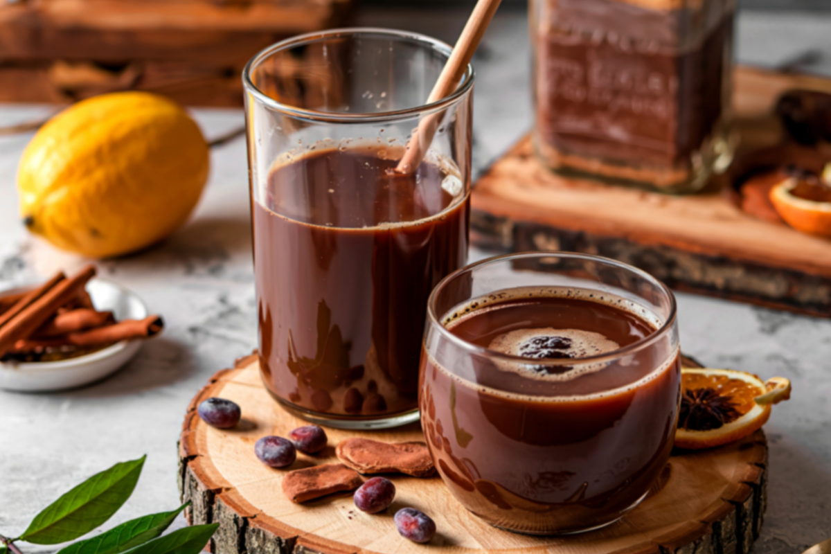 Hot cocoa drink served in two glasses with spices and fruit.