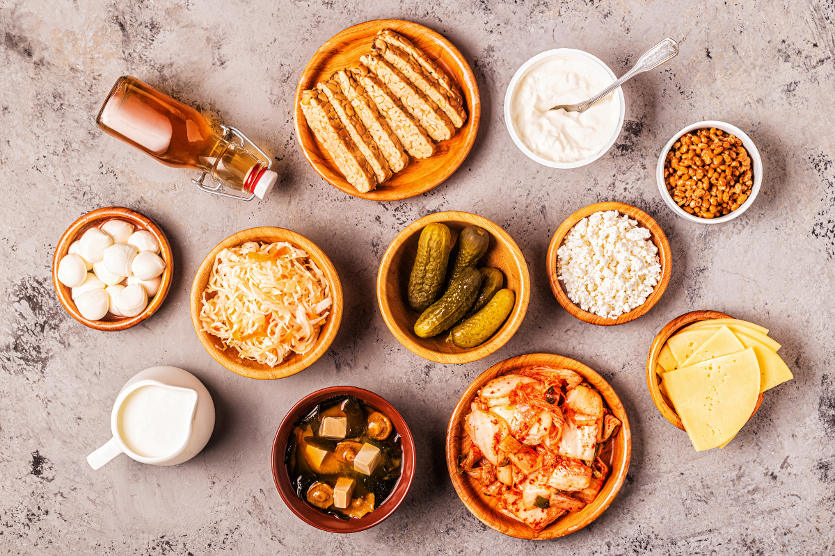 Top-down view of various fermented foods.