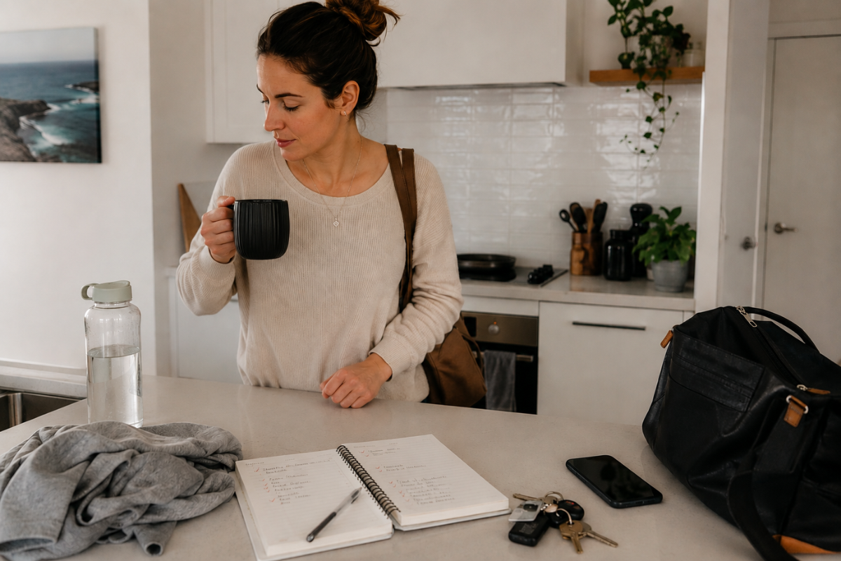Woman holding a coffee cup during a busy morning routine.